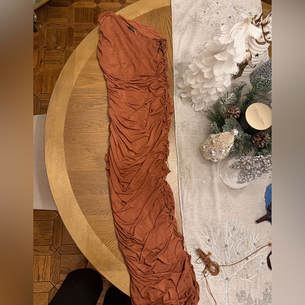 H:ours by Revolve Copper Ruched One-Shoulder Lace-Up Side Midi Dress